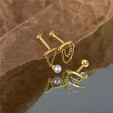 925 Silver Triangle Tassel Earrings Pearl Cartilage Stud