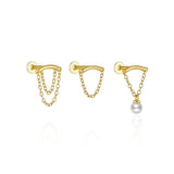 925 Silver Triangle Tassel Earrings Pearl Cartilage Stud