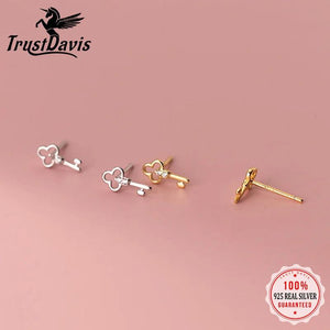 925 Sterling Silver Key CZ Stud Earring Wedding Jewelry