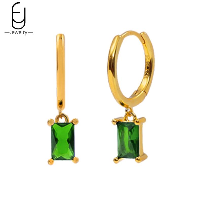 Green Zircon Heart Hoop Earrings 925 Silver Studs