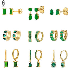 Green Zircon Heart Hoop Earrings 925 Silver Studs