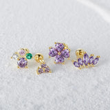 925 Silver Purple Zircon Flower Stud Earrings for Women Girls Wedding Gift