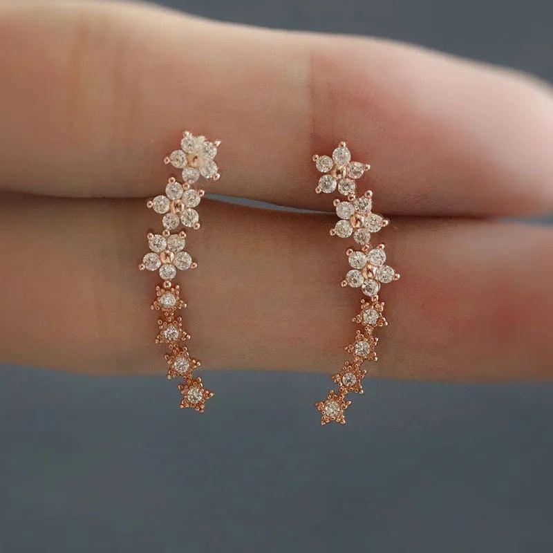 925 Silver Flower Star Stud Earrings French Inlaid Crystal Women Sweet Jewelry