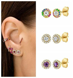 925 Silver Colorful Round Stud Earring Zircon Piercing Small Earrings