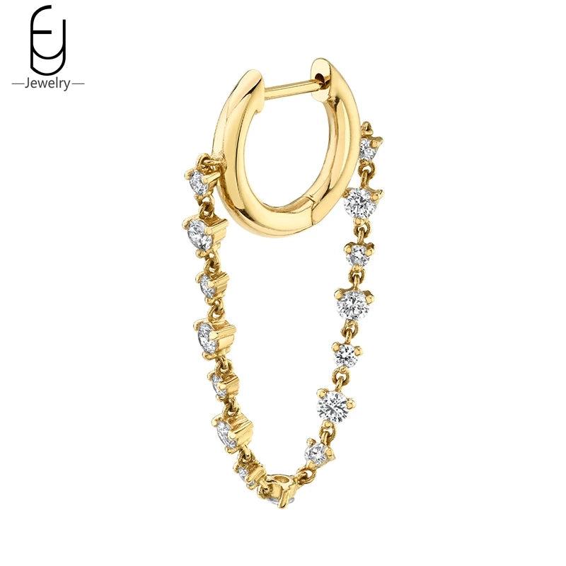 925 Silver Needle Crystal Tassel Hoop Earrings Chain Ear Clips