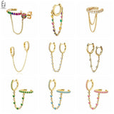 925 Silver Needle Crystal Tassel Hoop Earrings Chain Ear Clips