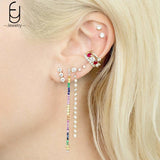 925 Silver Needle Crystal Tassel Hoop Earrings Chain Ear Clips