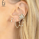 925 Silver Needle Crystal Tassel Hoop Earrings Chain Ear Clips