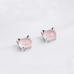 European Woman Cat Rose Quartz Silver Stud Earrings