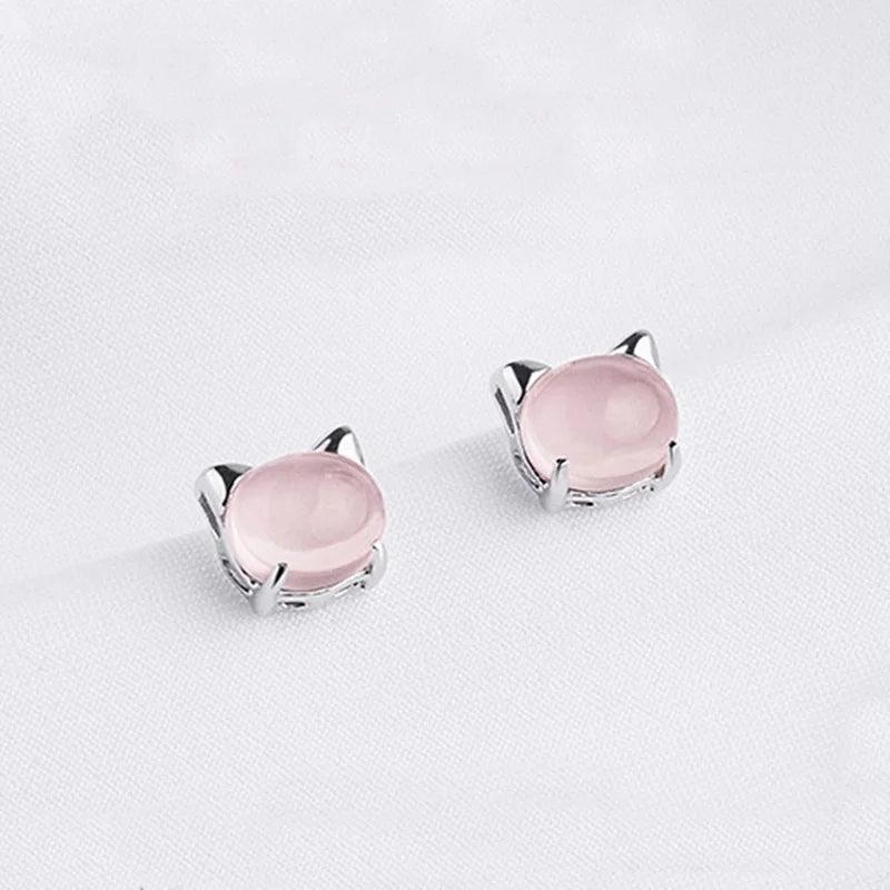 European Woman Cat Rose Quartz Silver Stud Earrings