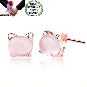 European Woman Cat Rose Quartz Silver Stud Earrings
