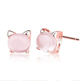 European Woman Cat Rose Quartz Silver Stud Earrings