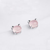European Woman Cat Rose Quartz Silver Stud Earrings