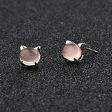 European Woman Cat Rose Quartz Silver Stud Earrings