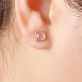 European Woman Cat Rose Quartz Silver Stud Earrings