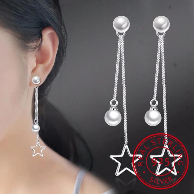 925 Silver Star Pearl Tassel Earrings for Women