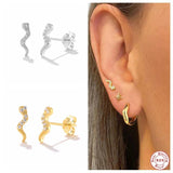 925 Silver Zircon Snake Stud Earrings Piercing Pendientes Jewelry