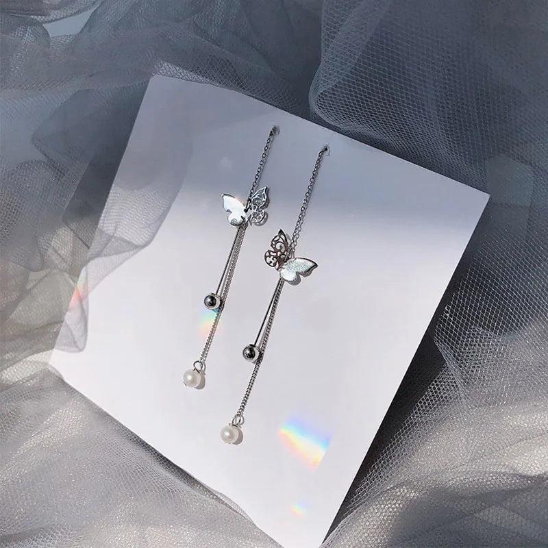 925 Silver Pearl Butterfly Tassel Earrings Ladies Long Style Jewelry