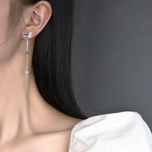 925 Silver Pearl Butterfly Tassel Earrings Ladies Long Style Jewelry