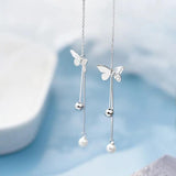 925 Silver Pearl Butterfly Tassel Earrings Ladies Long Style Jewelry