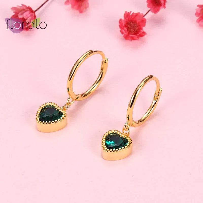 925 Silver Heart Hoop Earrings Green Crystal Dangle Love Earrings