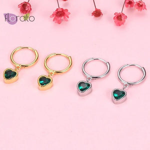 925 Silver Heart Hoop Earrings Green Crystal Dangle Love Earrings