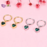 925 Silver Heart Hoop Earrings Green Crystal Dangle Love Earrings