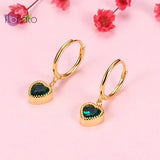 925 Silver Heart Hoop Earrings Green Crystal Dangle Love Earrings