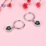 925 Silver Heart Hoop Earrings Green Crystal Dangle Love Earrings