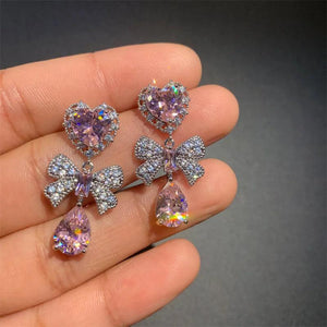 Zircon Heart Earrings Bow Drop Female Party Jewelry