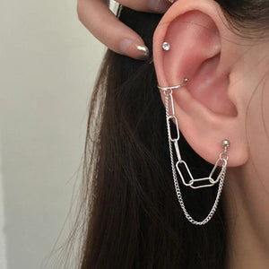 Crystal Ear Cuff Clip Chain Tassel Clip On Earrings Silver Jewelry