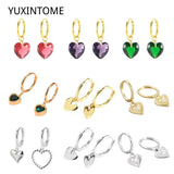 925 Silver Needle Heart Earrings Crystal Pendant Hoop Earrings