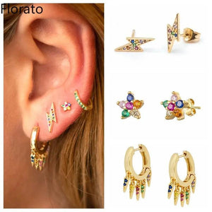 Florato 925 Silver Lightning/Flower/Thorn Hoop Earrings Set
