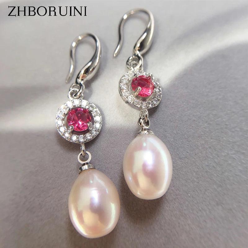 Freshwater Pearl Red Zircon Drop Earrings Sterling Silver Jewelry