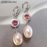 Freshwater Pearl Red Zircon Drop Earrings Sterling Silver Jewelry
