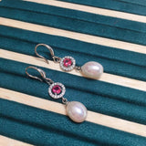 Freshwater Pearl Red Zircon Drop Earrings Sterling Silver Jewelry
