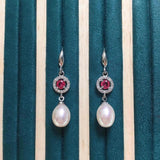 Freshwater Pearl Red Zircon Drop Earrings Sterling Silver Jewelry