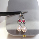 Freshwater Pearl Red Zircon Drop Earrings Sterling Silver Jewelry