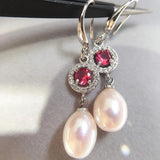 Freshwater Pearl Red Zircon Drop Earrings Sterling Silver Jewelry
