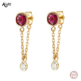 925 Silver Red Zircon Chain Drop Earrings Front Back Dangle Earrings
