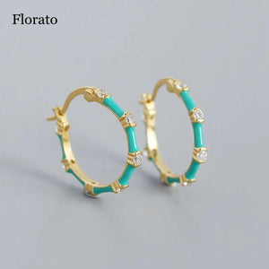 925 Silver Round Hoop Earrings Enamel CZ Curved Surface