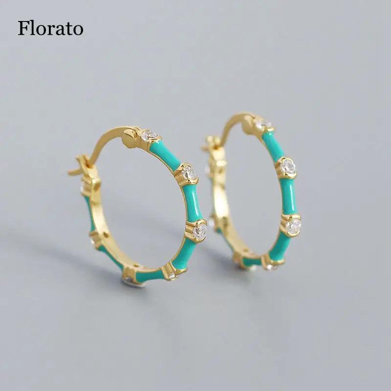 925 Silver Round Hoop Earrings Enamel CZ Curved Surface