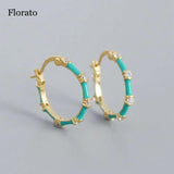 925 Silver Round Hoop Earrings Enamel CZ Curved Surface