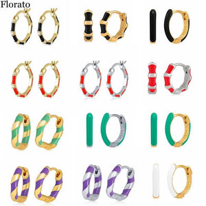 925 Silver Round Hoop Earrings Enamel CZ Curved Surface