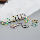 925 Silver Round Hoop Earrings Enamel CZ Curved Surface