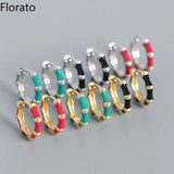 925 Silver Round Hoop Earrings Enamel CZ Curved Surface