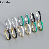 925 Silver Round Hoop Earrings Enamel CZ Curved Surface