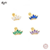 925 Silver Oval Zircon Crown Stud Earrings Rainbow Crystal Leaf Branch Ear Studs