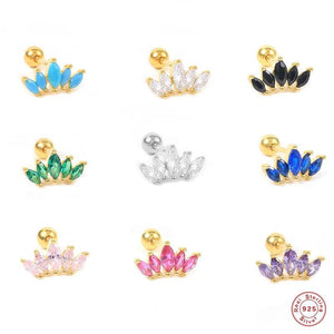 925 Silver Oval Zircon Crown Stud Earrings Rainbow Crystal Leaf Branch Ear Studs