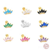 925 Silver Oval Zircon Crown Stud Earrings Rainbow Crystal Leaf Branch Ear Studs